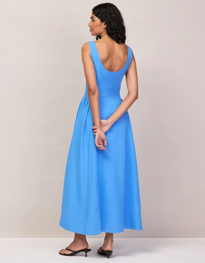 Petite Blue Waist Detail Dress With Linen
