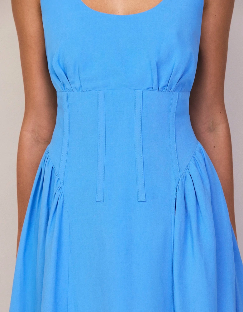 Petite Blue Waist Detail Dress With Linen