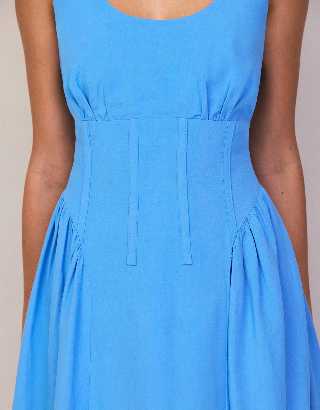 Petite Blue Waist Detail Dress With Linen