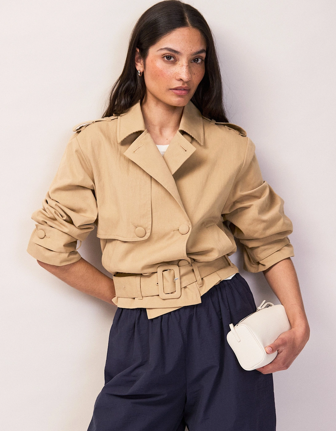 Camel Belted Cropped Trench Jacket