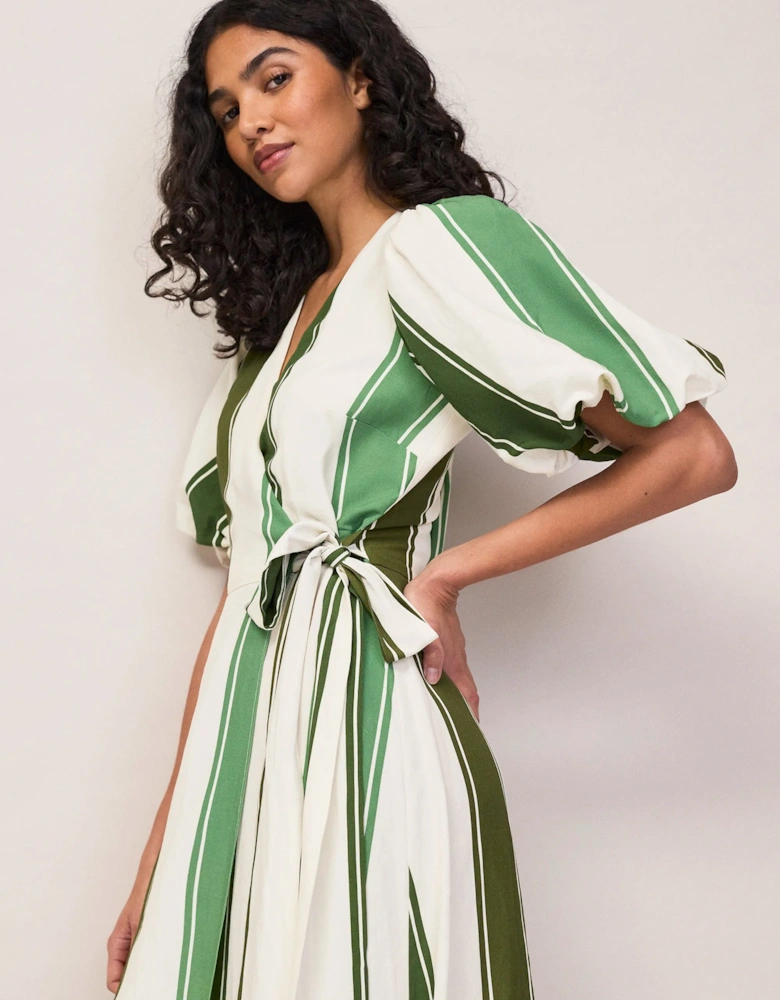 Petite Green Stripe Linen Blend Wrap Dress