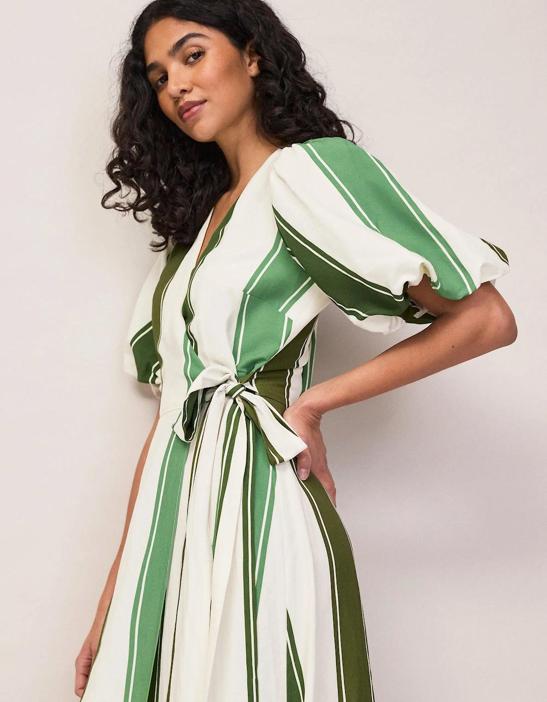 Petite Green Stripe Linen Blend Wrap Dress