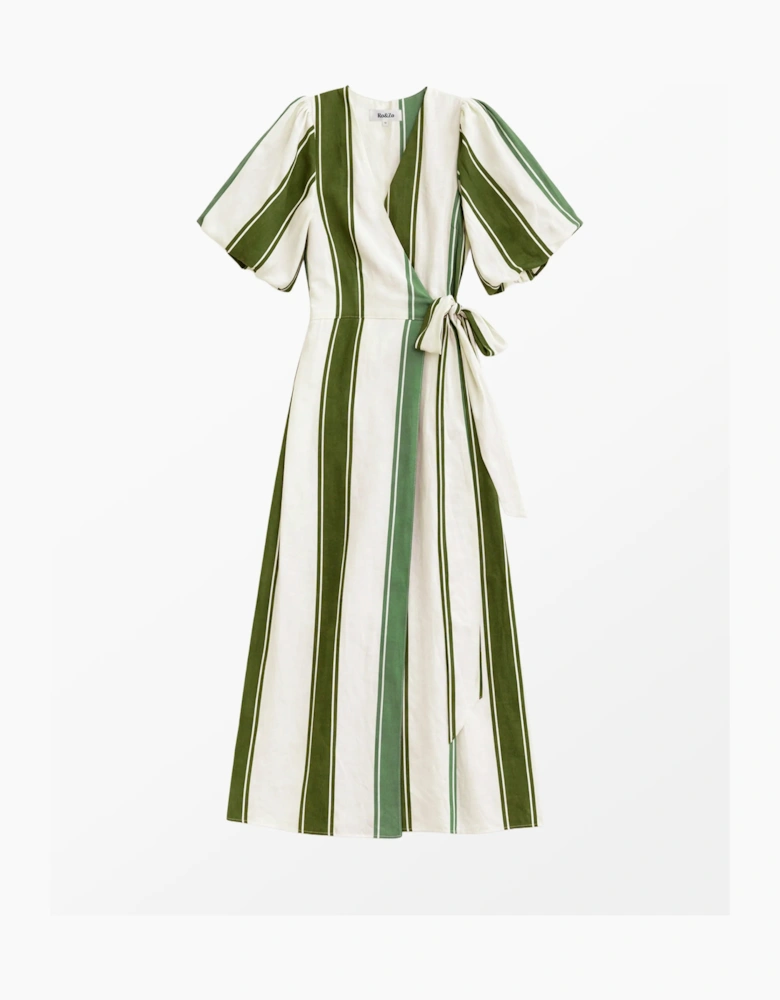 Petite Green Stripe Linen Blend Wrap Dress