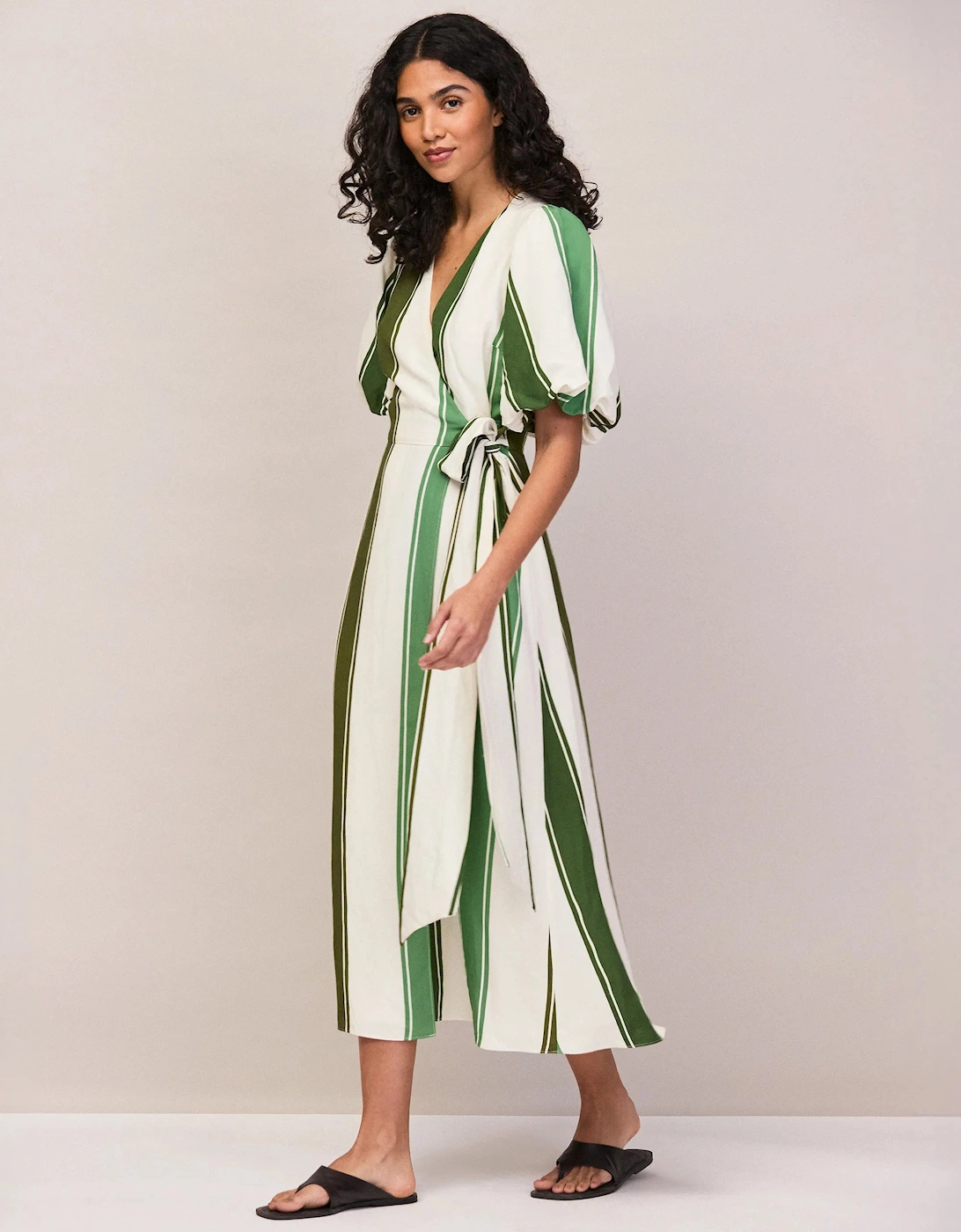 Petite Green Stripe Linen Blend Wrap Dress