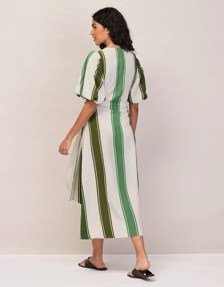 Petite Green Stripe Linen Blend Wrap Dress