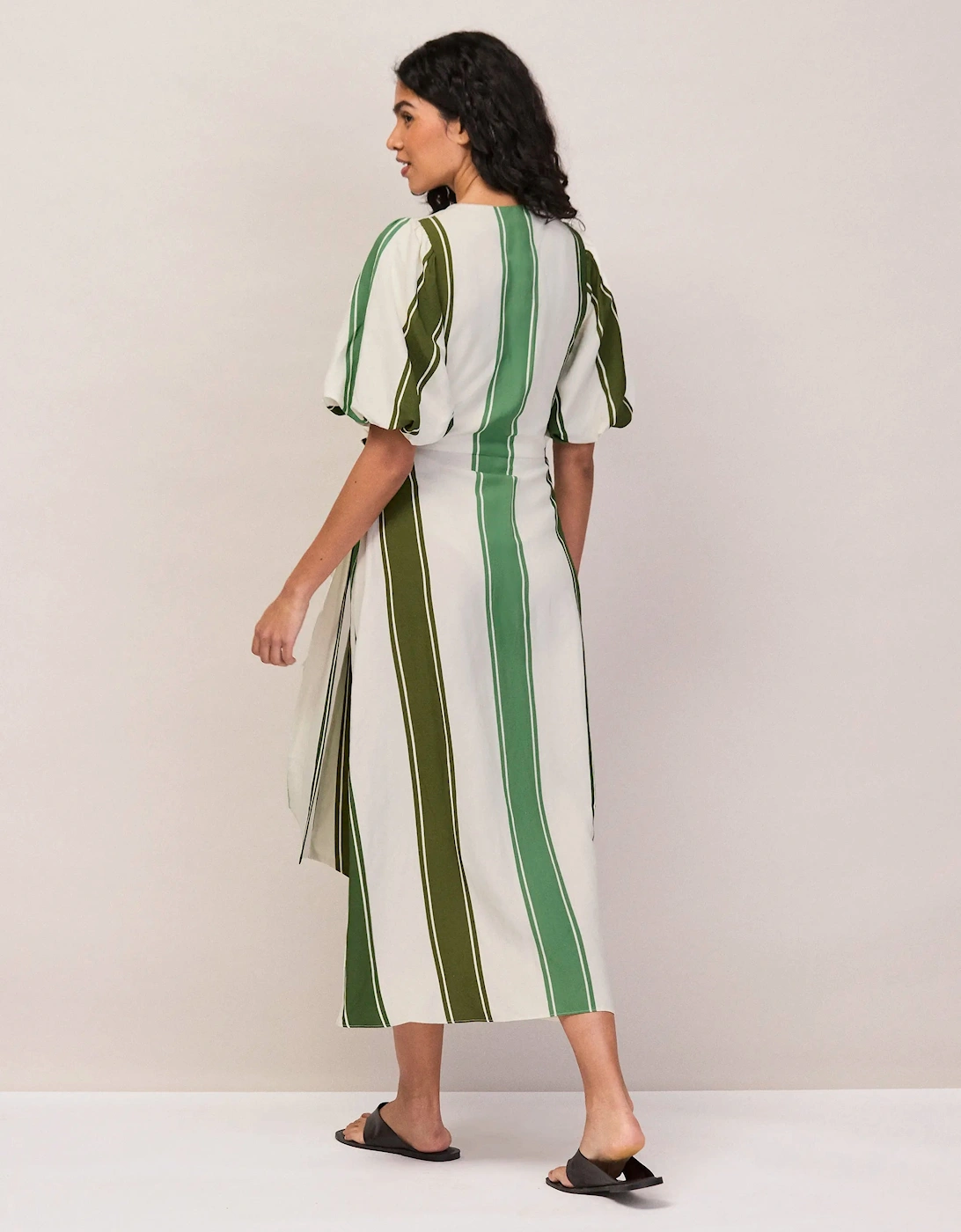 Petite Green Stripe Linen Blend Wrap Dress