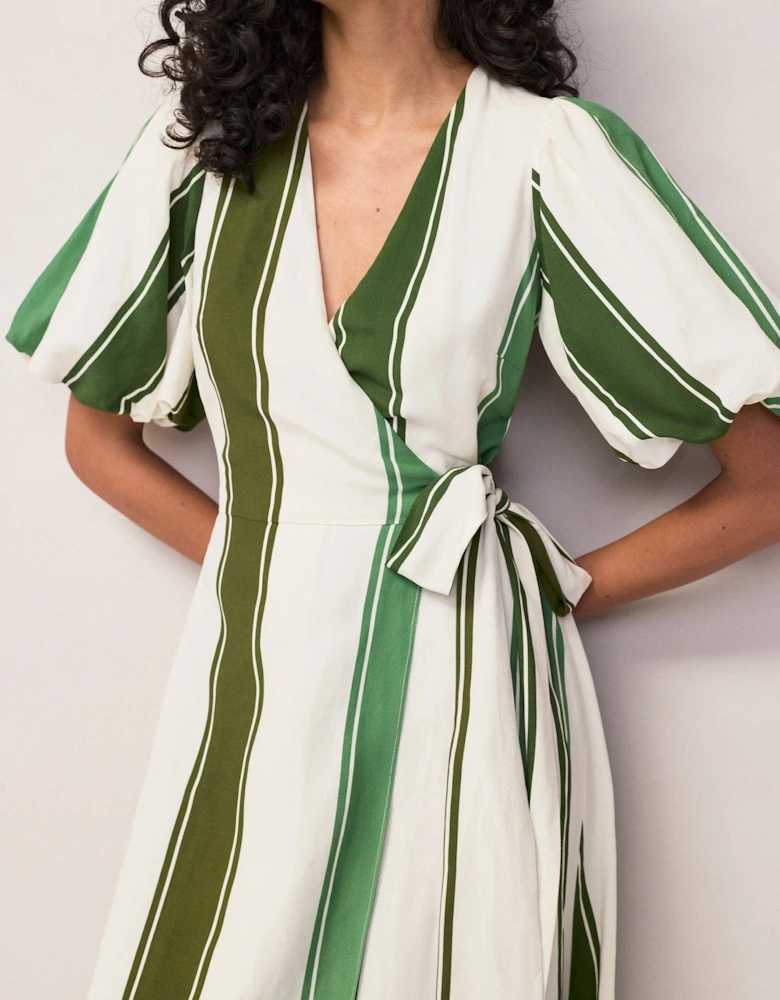 Petite Green Stripe Linen Blend Wrap Dress
