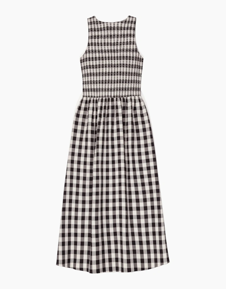 Petite Mono Gingham Cotton and Linen-Blend Shirred Midi Dress