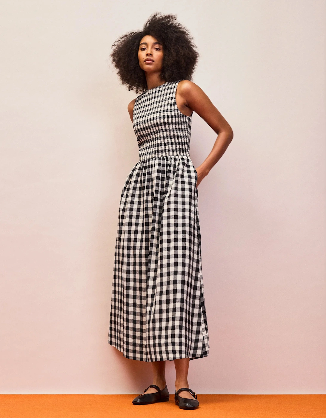 Petite Mono Gingham Cotton and Linen-Blend Shirred Midi Dress