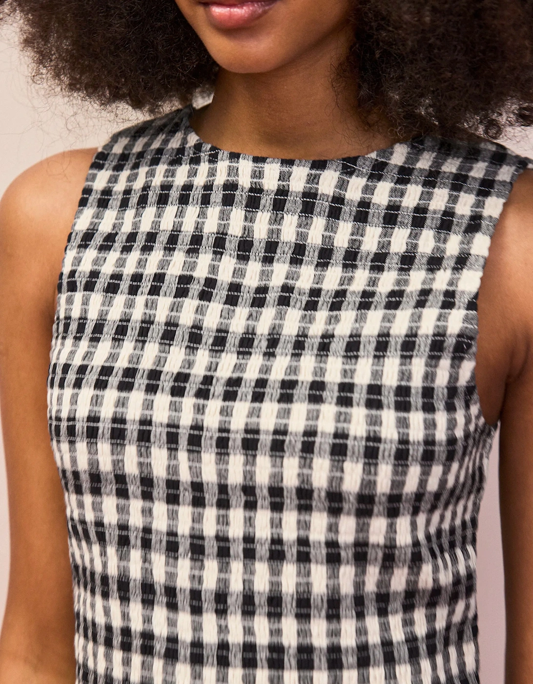 Petite Mono Gingham Cotton and Linen-Blend Shirred Midi Dress