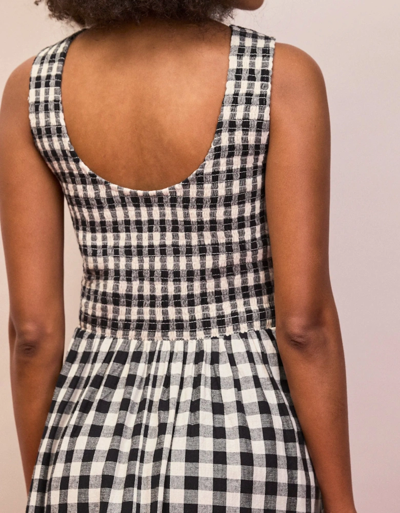 Petite Mono Gingham Cotton and Linen-Blend Shirred Midi Dress