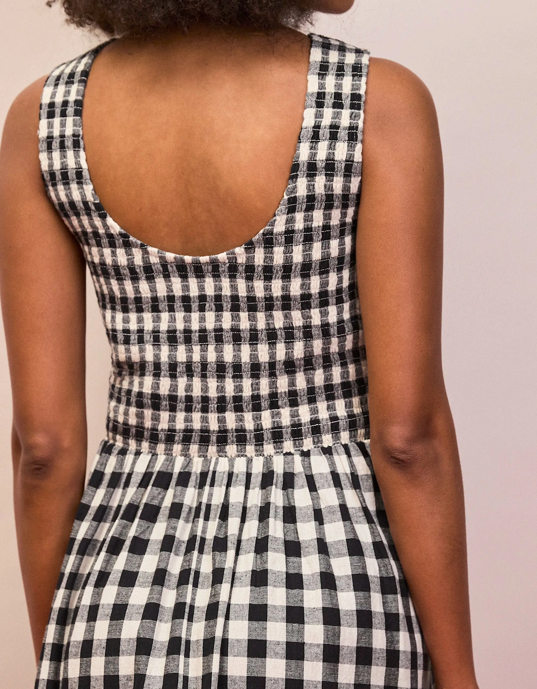 Petite Mono Gingham Cotton and Linen-Blend Shirred Midi Dress