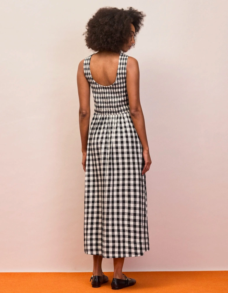 Petite Mono Gingham Cotton and Linen-Blend Shirred Midi Dress