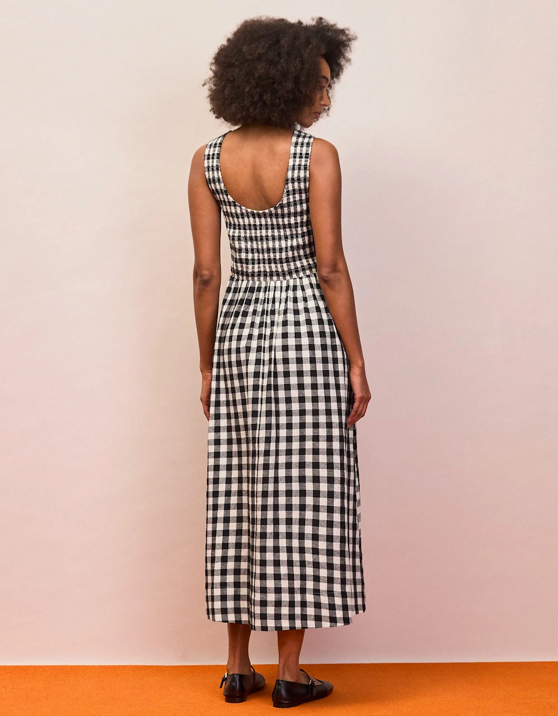 Petite Mono Gingham Cotton and Linen-Blend Shirred Midi Dress