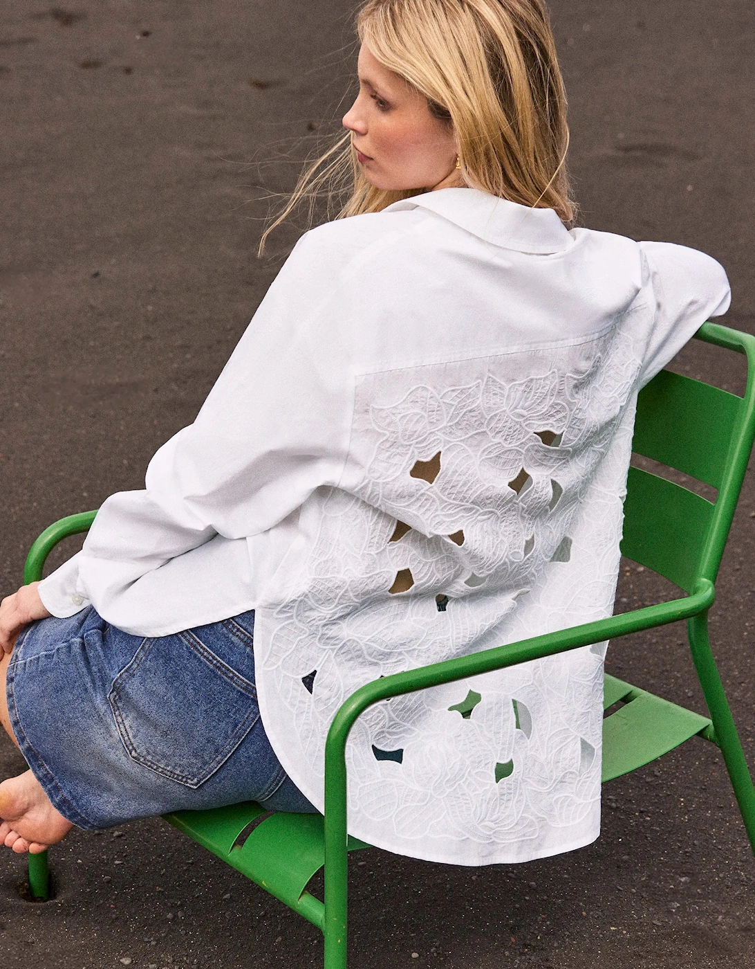 Petite White Cutwork Embroidered Back Shirt