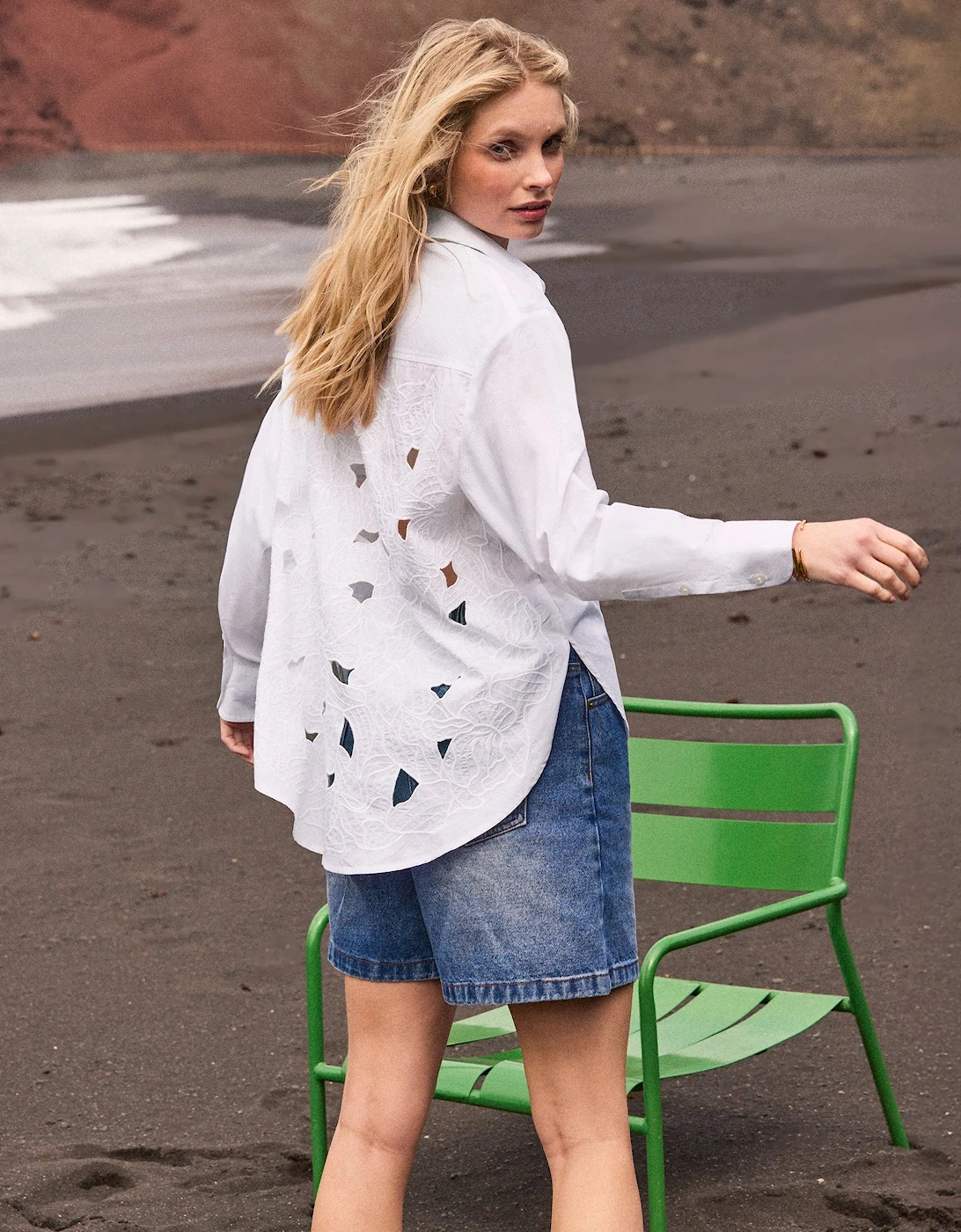 Petite White Cutwork Embroidered Back Shirt