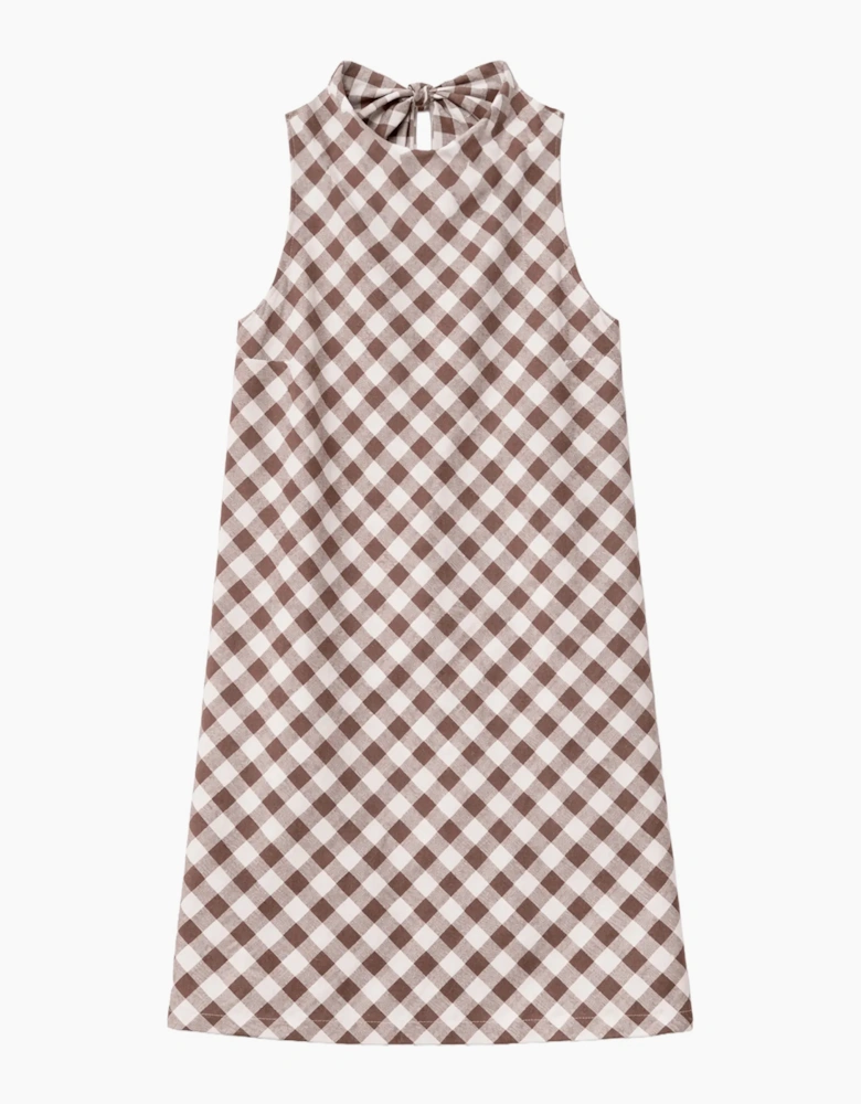 Petite Brown Gingham Linen Blend Cowl Neck Dress
