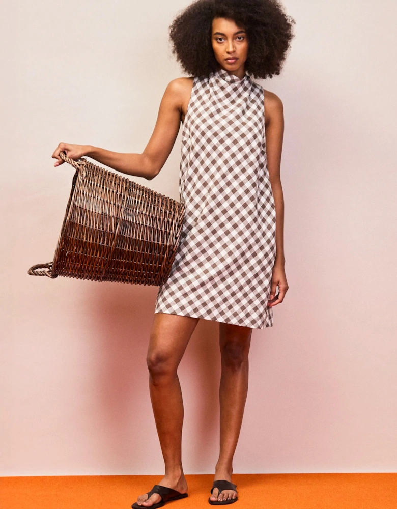 Petite Brown Gingham Linen Blend Cowl Neck Dress