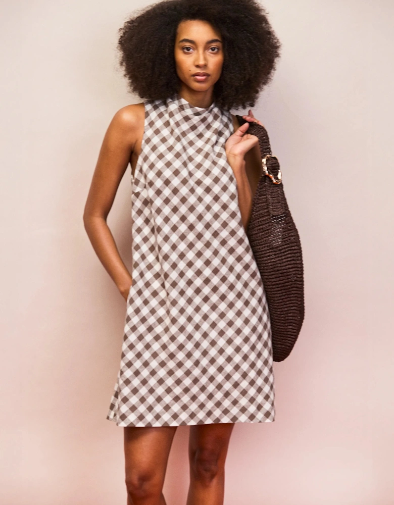 Petite Brown Gingham Linen Blend Cowl Neck Dress