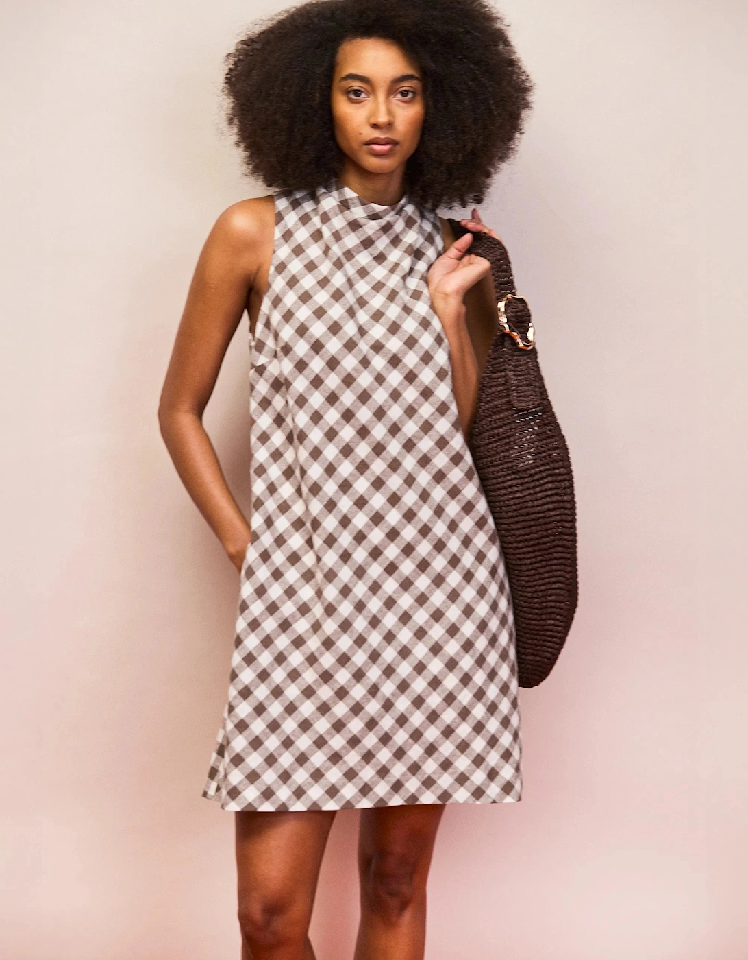 Petite Brown Gingham Linen Blend Cowl Neck Dress
