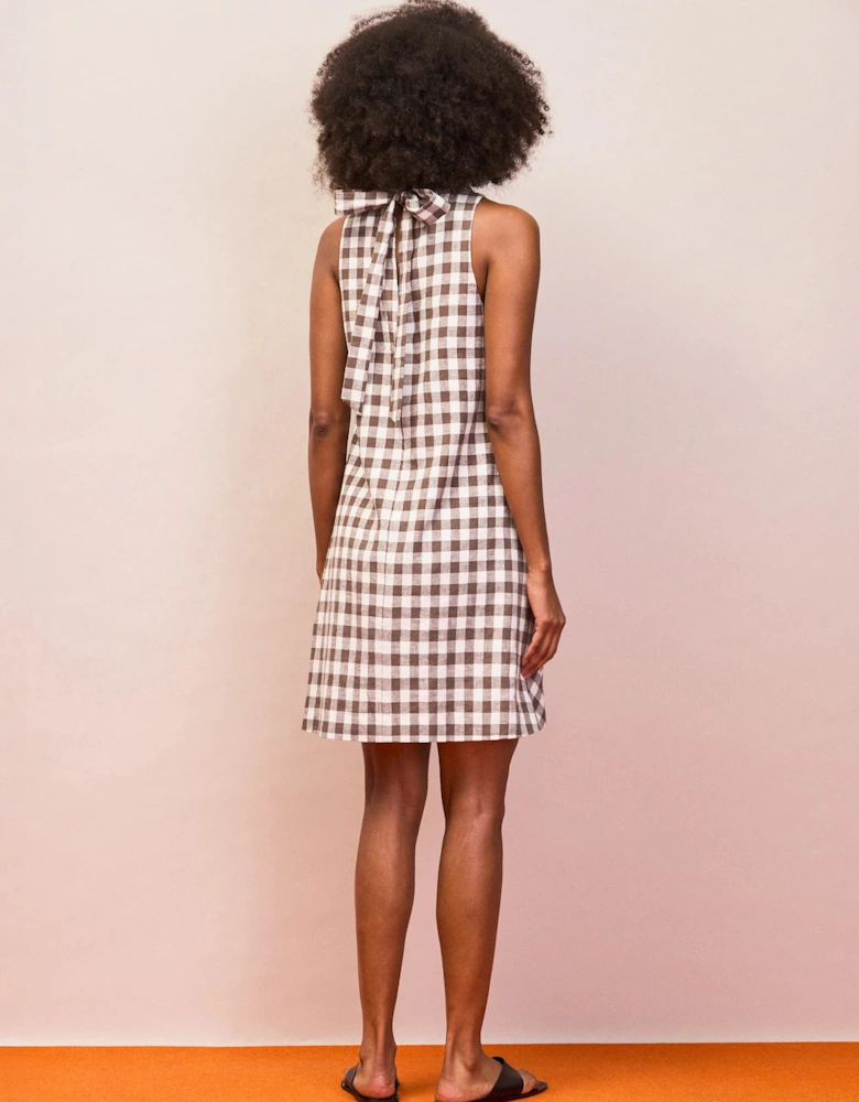 Petite Brown Gingham Linen Blend Cowl Neck Dress