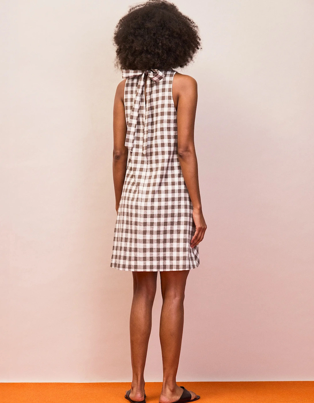 Petite Brown Gingham Linen Blend Cowl Neck Dress
