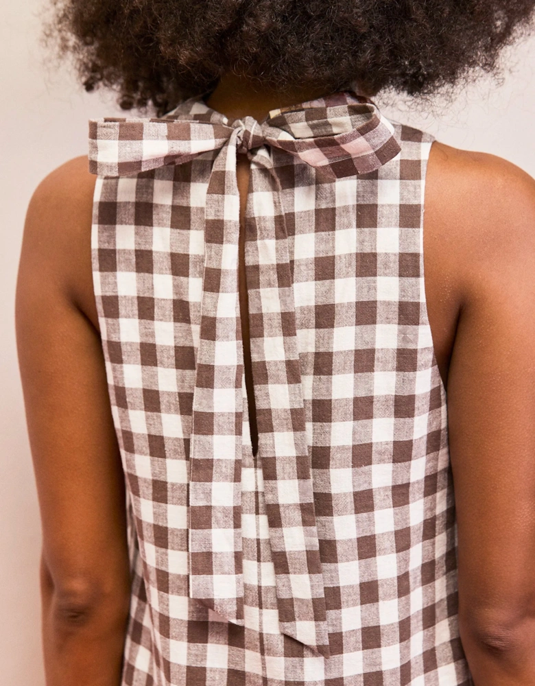 Petite Brown Gingham Linen Blend Cowl Neck Dress
