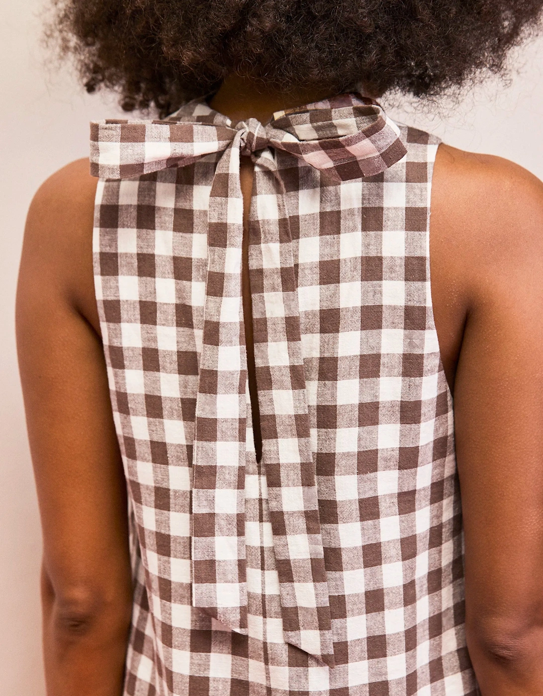 Petite Brown Gingham Linen Blend Cowl Neck Dress