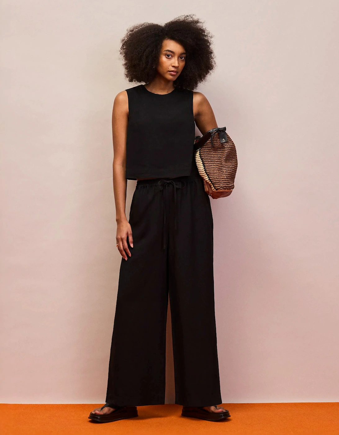 Black Drawstring Trousers With Linen