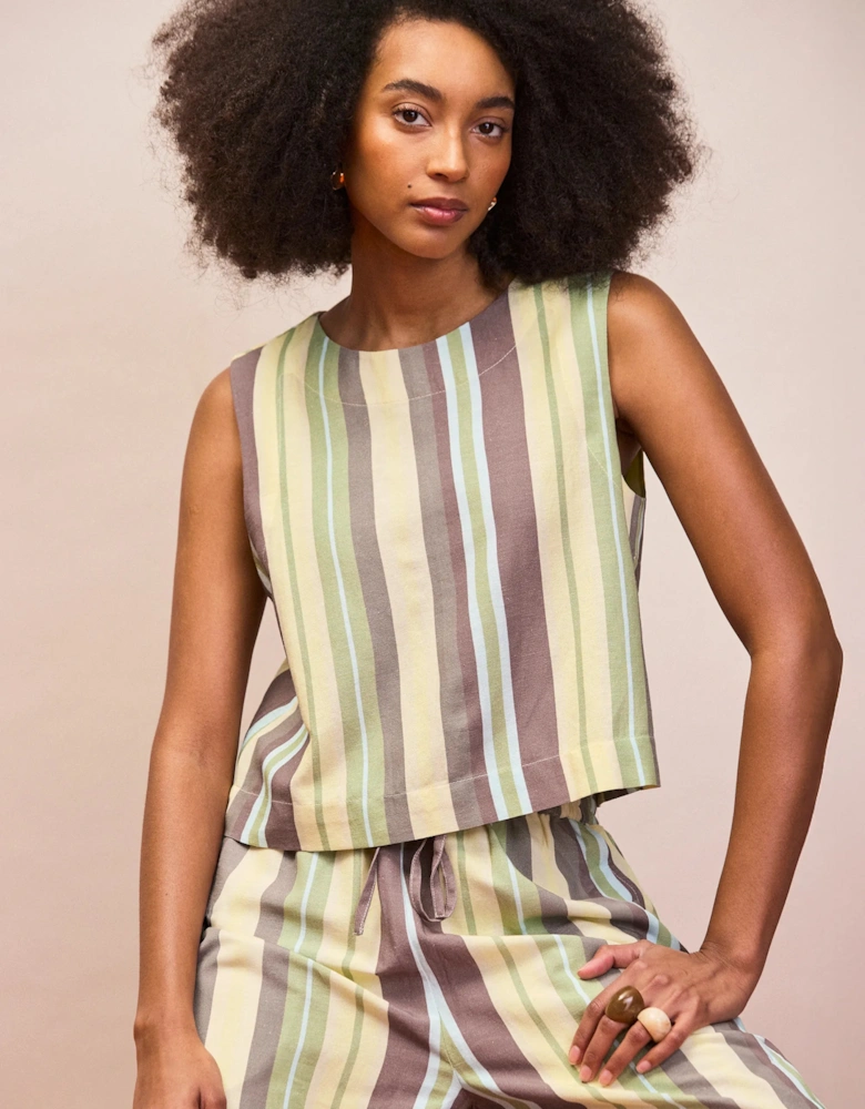 Green Stripe Linen-Blend Shell Top