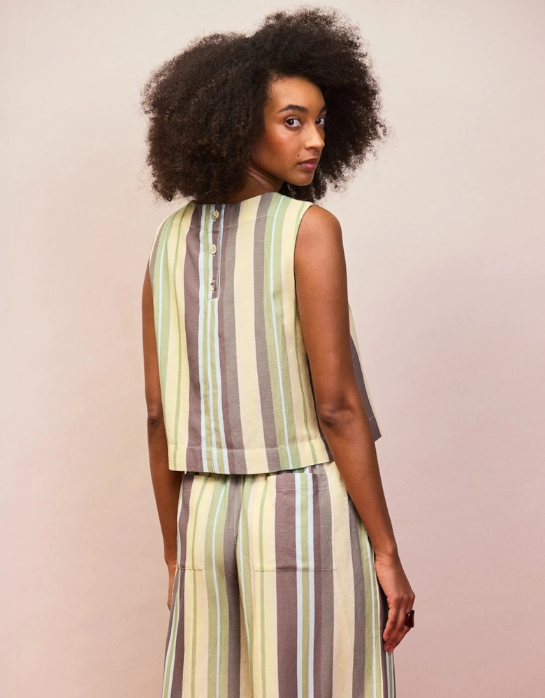 Green Stripe Linen-Blend Shell Top
