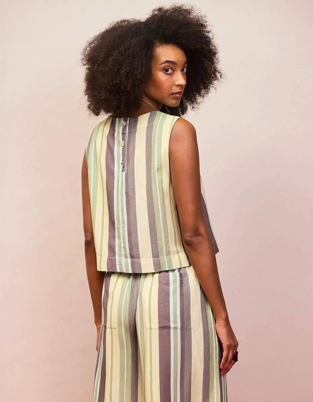 Green Stripe Linen-Blend Shell Top