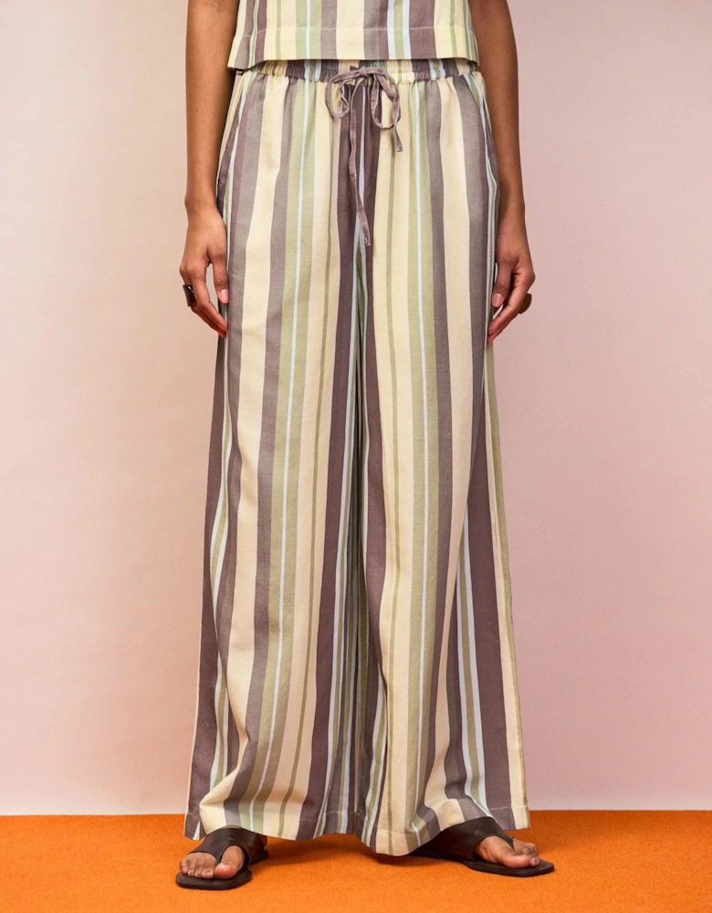 Petite Green Stripe Linen-Blend Wide-Leg Trousers