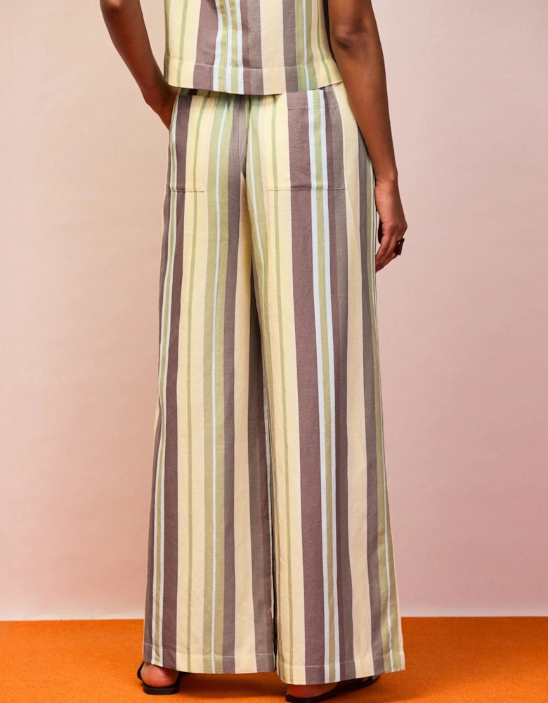 Petite Green Stripe Linen-Blend Wide-Leg Trousers