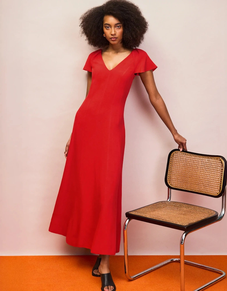 Petite Red Flutter Sleeve Dress With Linen