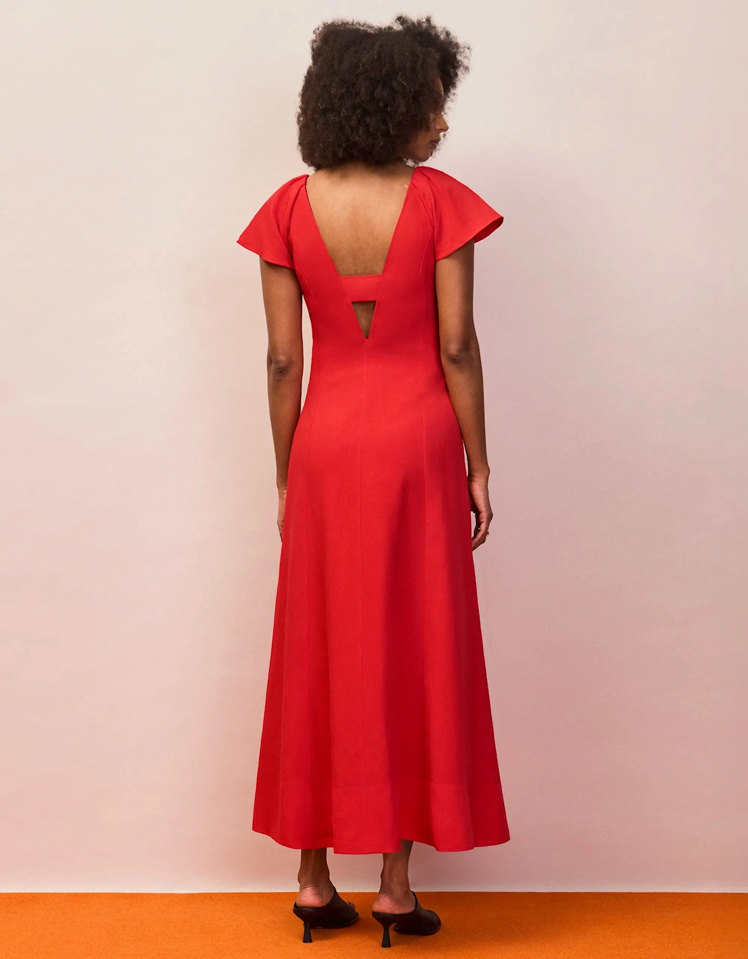 Petite Red Flutter Sleeve Dress With Linen