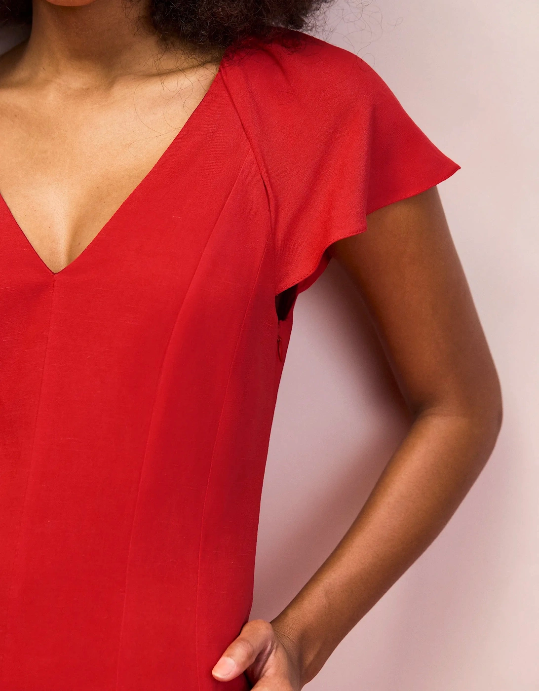 Petite Red Flutter Sleeve Dress With Linen