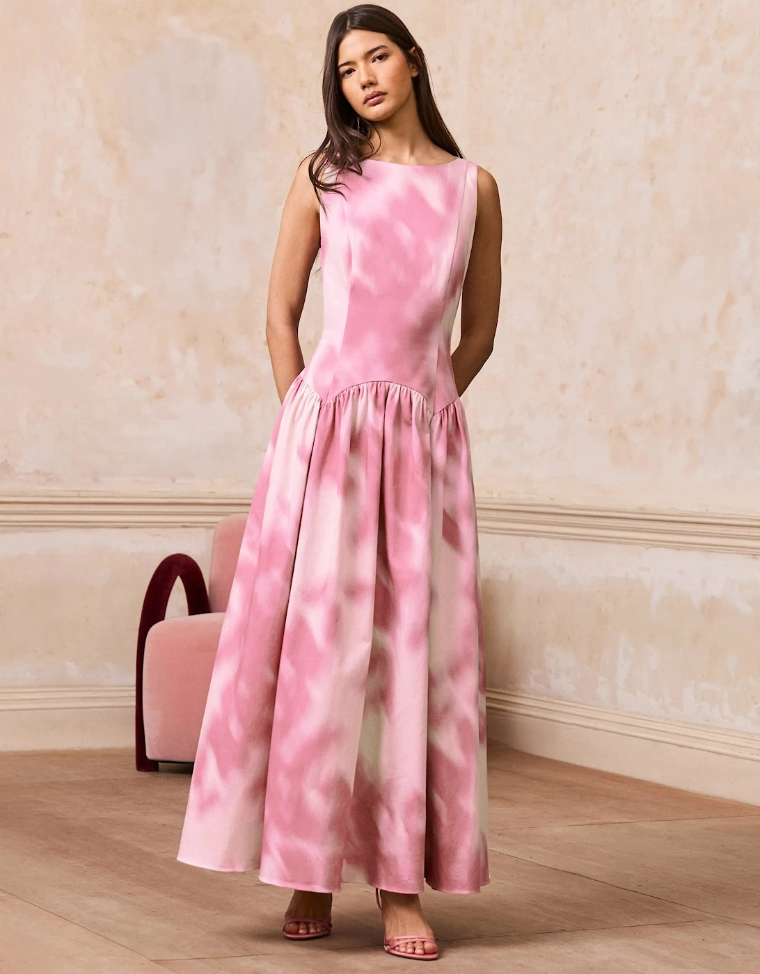 Petite Frankie Pink Watercolour Dropped Waist Dress