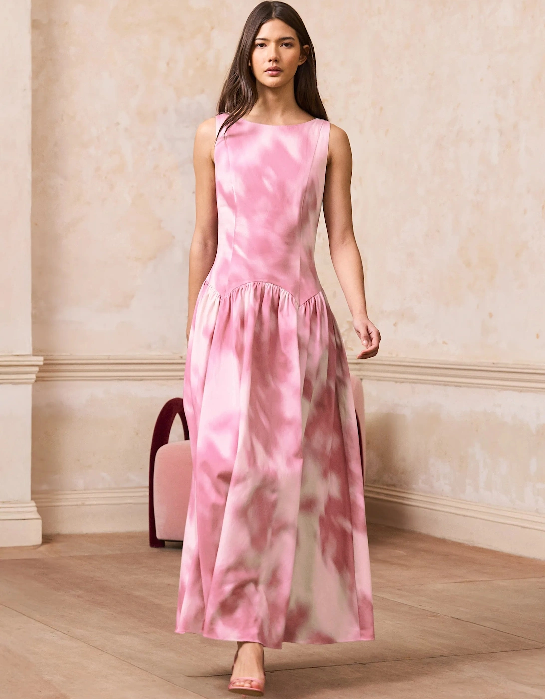 Petite Frankie Pink Watercolour Dropped Waist Dress