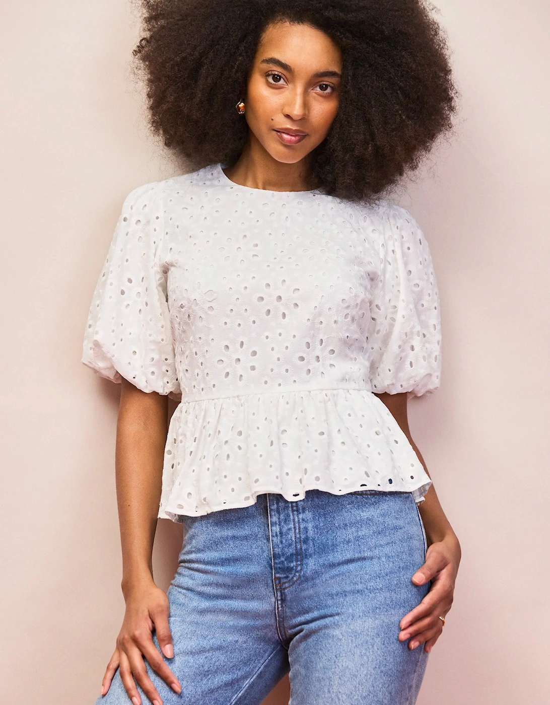 White Broderie Anglaise Cotton Gathered-Sleeve Top