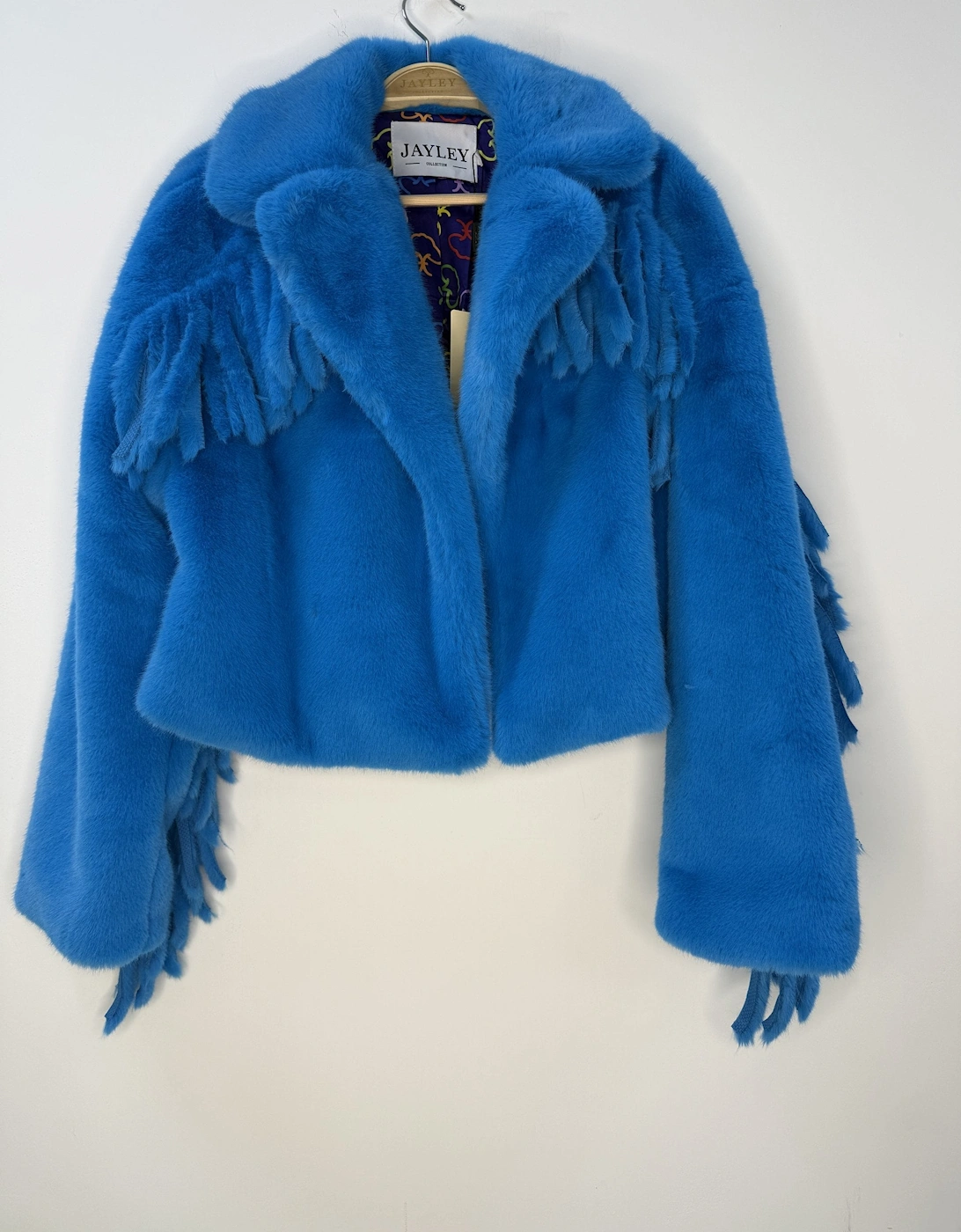 Blue Hand Cut Tassels Bamboo Lyocell Blend Eco Faux Fur Cropped Jacket