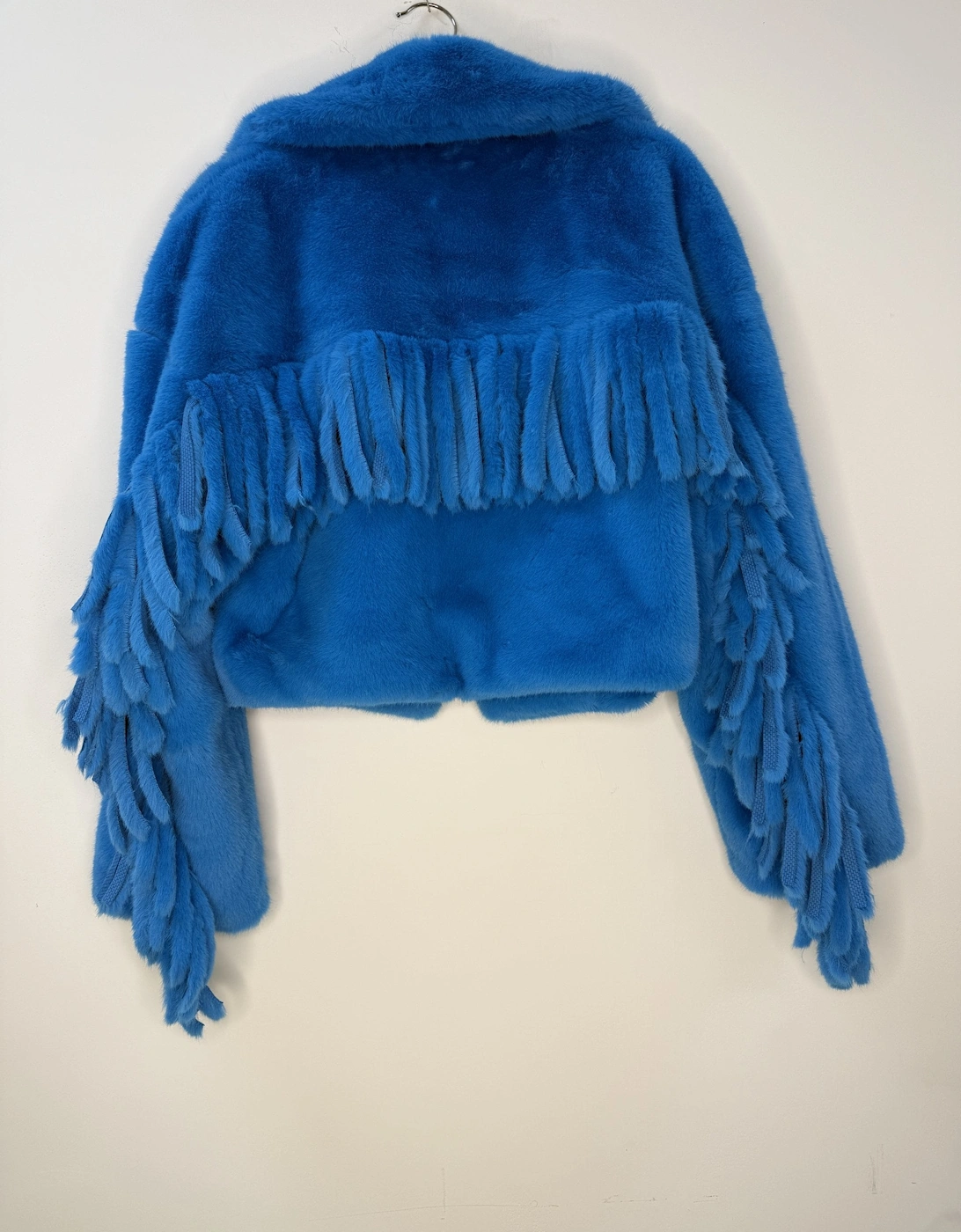 Blue Hand Cut Tassels Bamboo Lyocell Blend Eco Faux Fur Cropped Jacket
