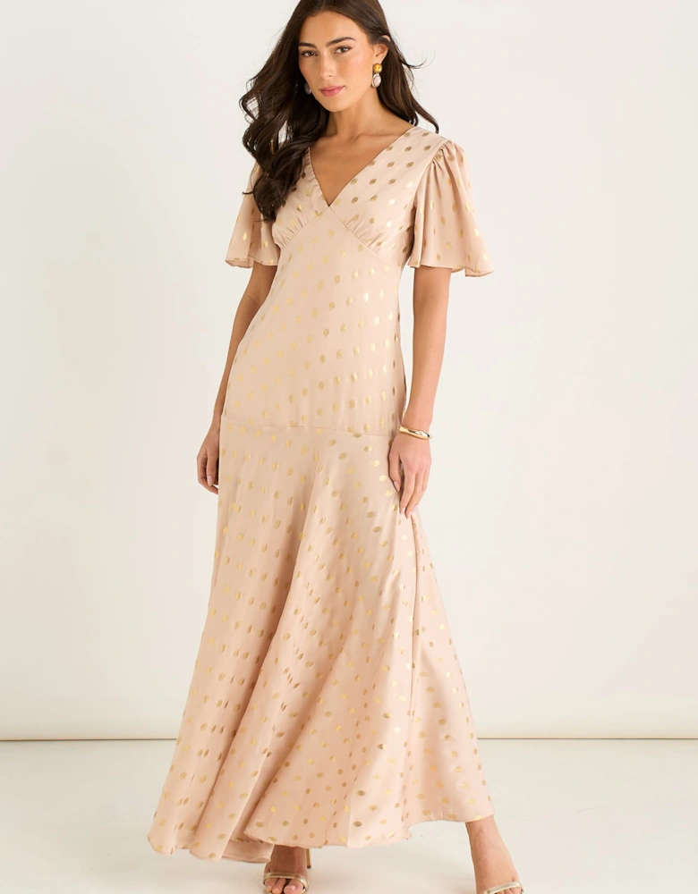 Stone Angel Sleeves Foil Pattern Maxi Dress