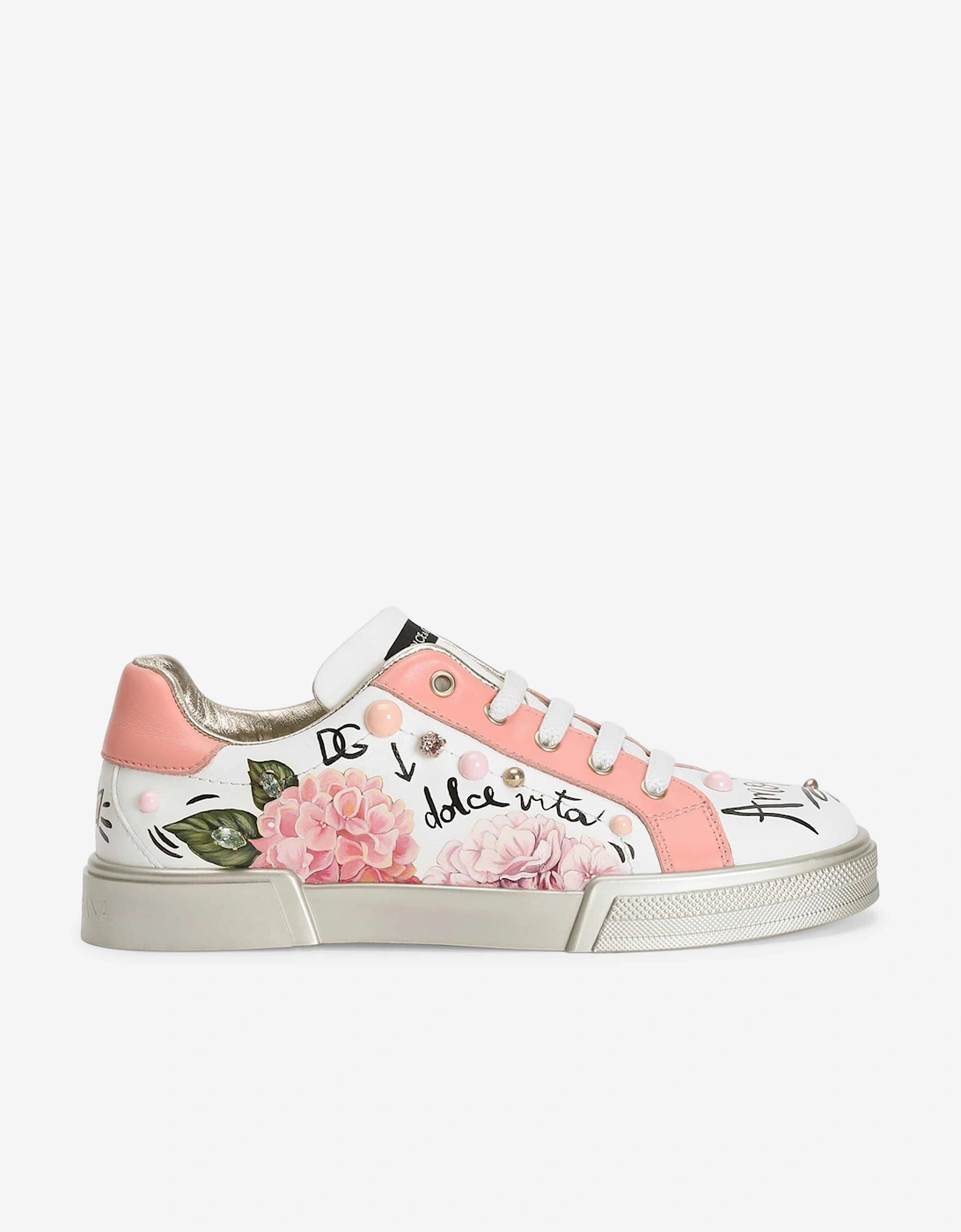 Dolce & Gabbana Girls Pink 'S Leather Hydrangea Trainers In - Size: 4 Kids