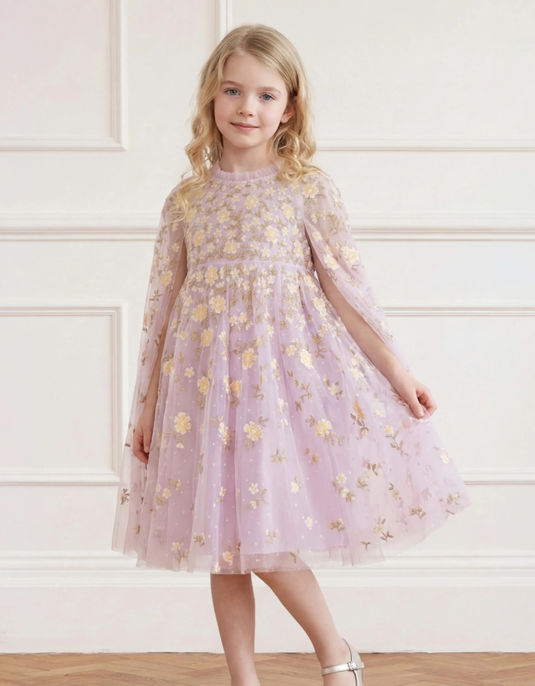 Needle & Thread Girls Lea Ditsy Cape Dress in Purple