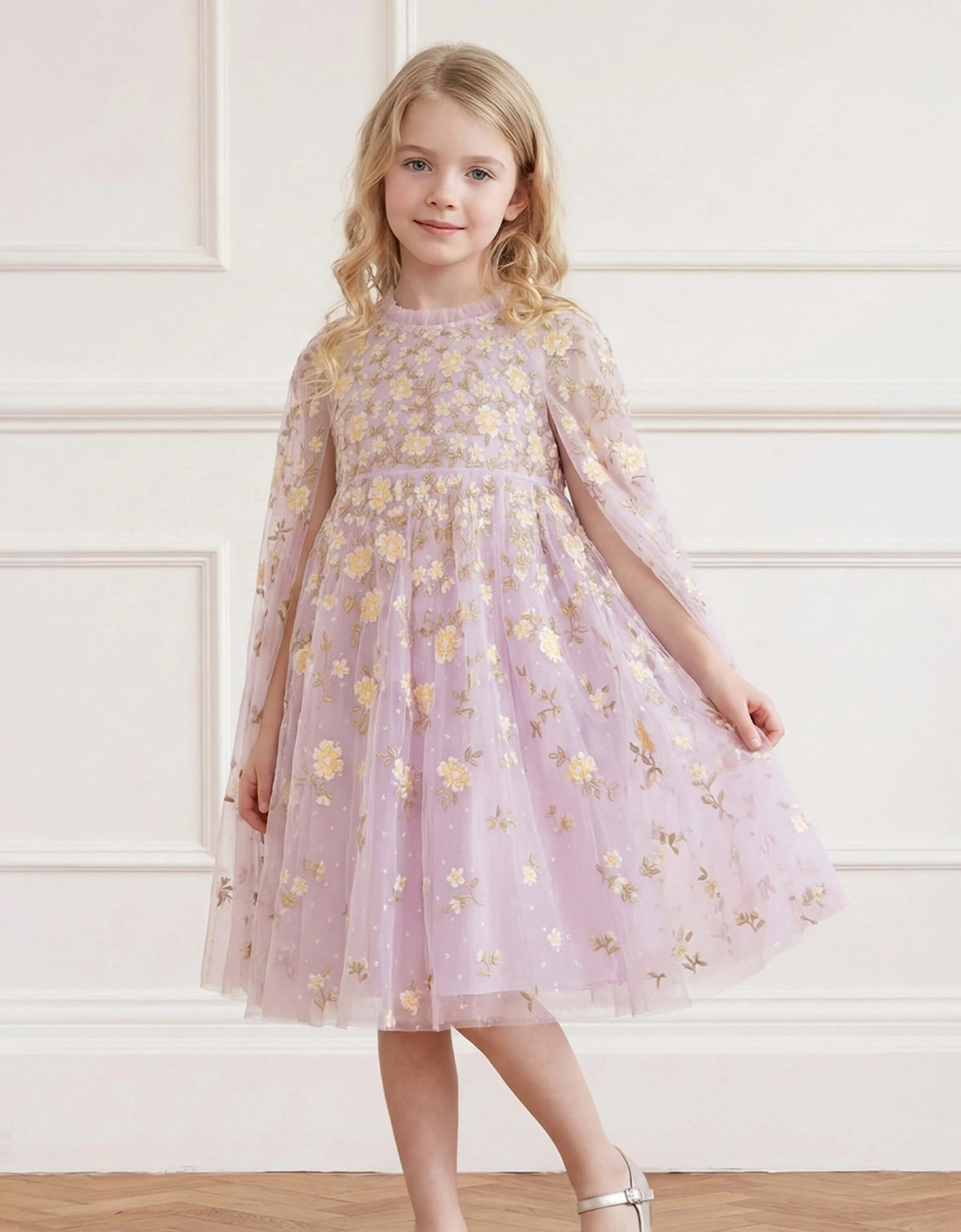 Needle & Thread Girls Lea Ditsy Cape Dress in Purple