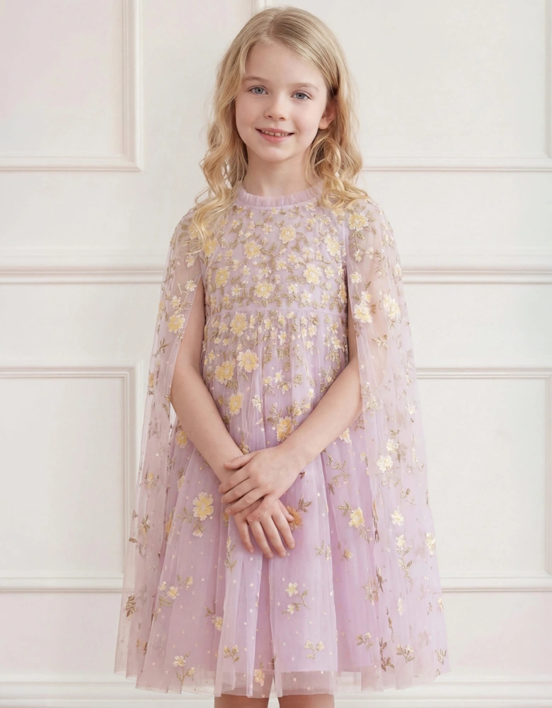 Needle & Thread Girls Lea Ditsy Cape Dress in Purple