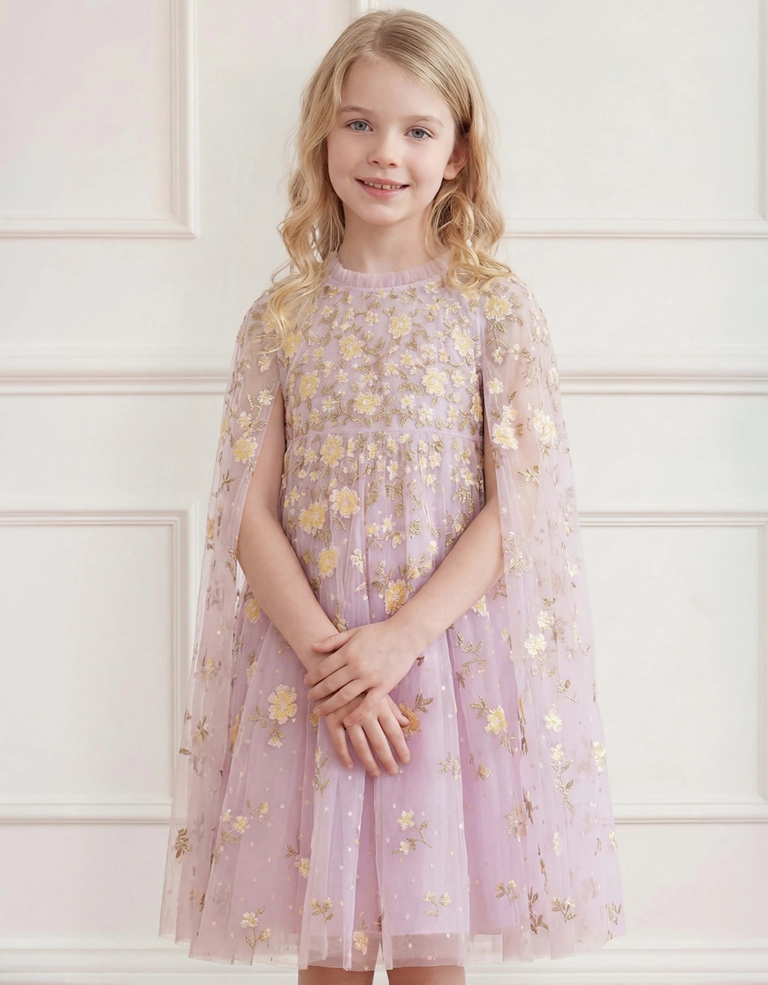Needle & Thread Girls Lea Ditsy Cape Dress in Purple
