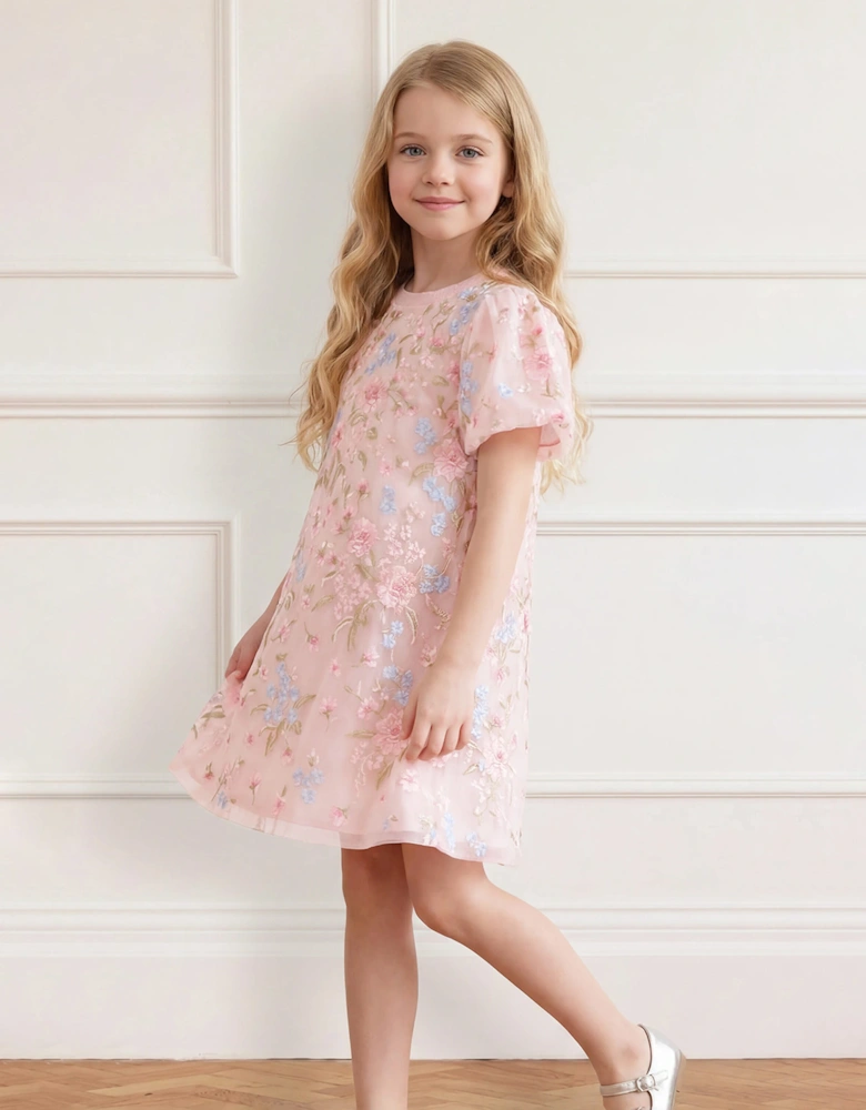 Needle & Thread Girls Peony Bouquet Puff Sleeve Dress in Pink