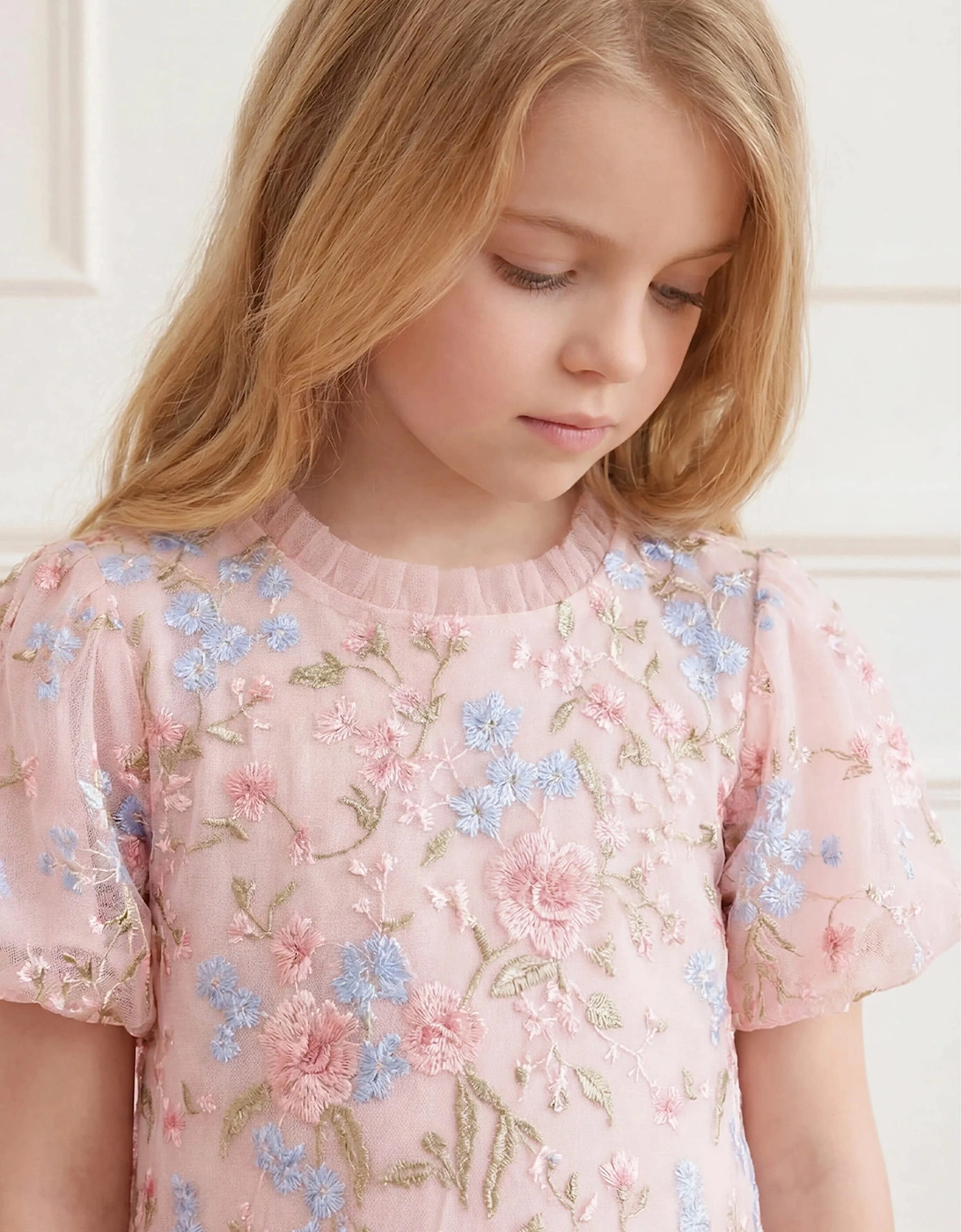 Needle & Thread Girls Peony Bouquet Puff Sleeve Dress in Pink